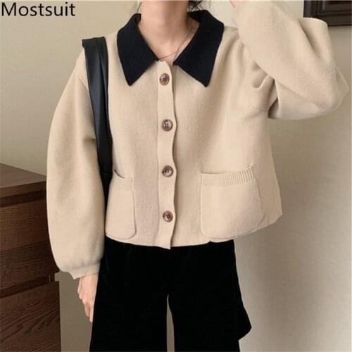 Korean Vintage Color-blocked Knitted Women Jacket Coat Spring Autumn Single-breasted Pockets Fashion Ladies Tops Coats Femme