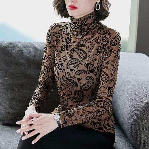 Turtleneck Printed Long Sleeved Korean Fashion Spring Autumn Summer Vintage Clothes For Women T-Shirt Tops Blouses Vetement 2021