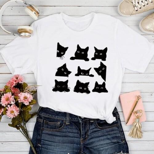 T-shirts Women Cat Face Happy Time Cute 2021 Pet Clothing Spring Summer Tshirt Top Lady Stylish Girl Print Clothes Tee T-Shirt