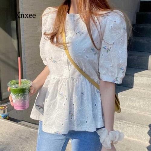 Women Flower Embroidery Hollow Tops Blouses Puff Sleeve Fashion Clothing Summer a Line Cute Preppy Style Chic Sweet Peplum Top