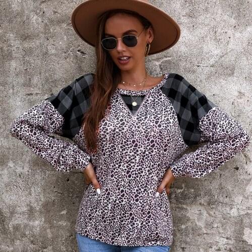 2021 Spring Autumn Womens Sweatshirts Pullover Loose Leopard Stitching Long Sleeve Round Neck Weater Tee Women