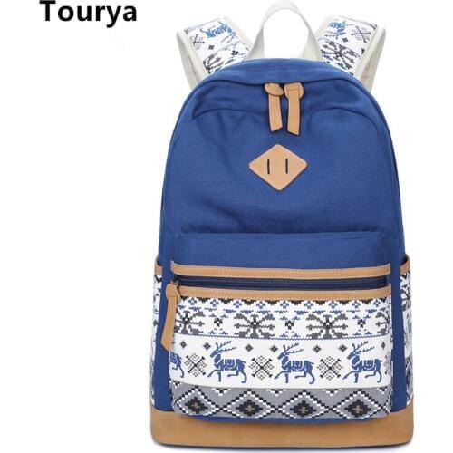 Tourya Vintage Canvas Women Backpack Cute Shoulder School Bags For Teenagers Girls Deer Printed Schoolbag Laptop Bagpack Mochila