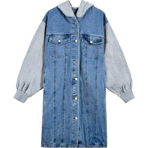 PERHAPS U Women Blue Denim Coat Hooded Long Sleeve Single-breasted Patchwork Pocket Button Chic Elegant C0464