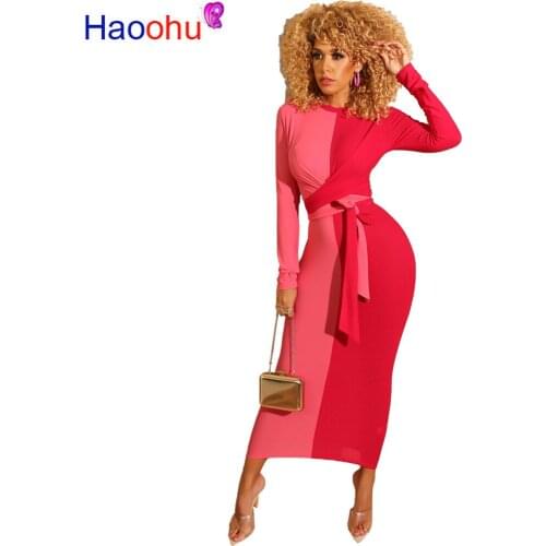 Women O-neck Bodycon Winter Long Dress Female Vintage Full Sleeve Sashes Bodycon Night Club Maxi Dresses Vestido