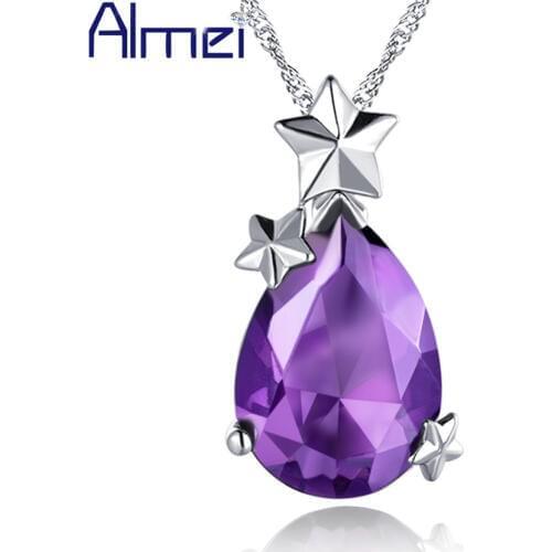 Almei Fashion Silver Zircon Water Drop Austrain Crystal Link Stars Blue/PurpleNecklace Pendant May Day Gifts New 2016 N744