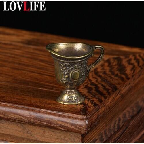 Anticient Royal Palace Mini Cup Key Chain Pendant Trinket Antique Bronze Buddhist Holy Water Cup Figurine Brass Keyring Hanging
