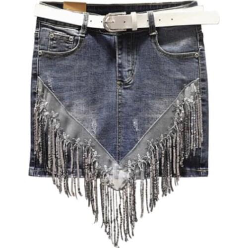 Denim package hip skirt spring and summer new fashion high waist sequins tassel mini jeans skirt