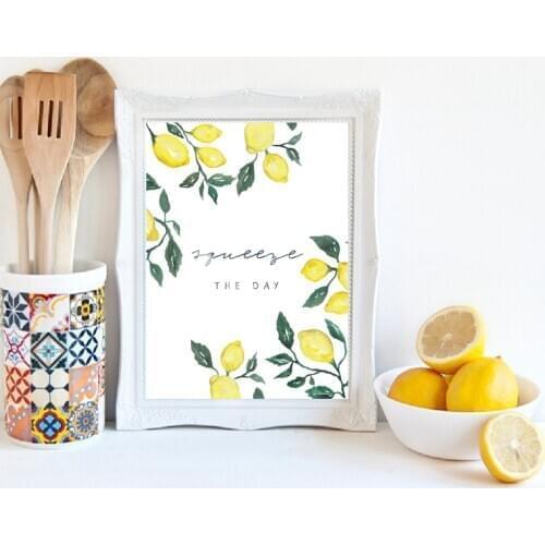 Lemon Prints "Squeeze the Day" Quotes Poster Canvas Print Modern Kitchen Citrus Watercolor Painting Wall Art Picture Decoration