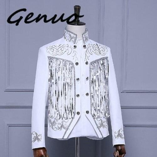 Genuo NewMens Gold Silver Twinkle Tassel Sequins Embroidery Double Breasted Stage Singer Suit Jacket Men Slim Fit Blazer Design