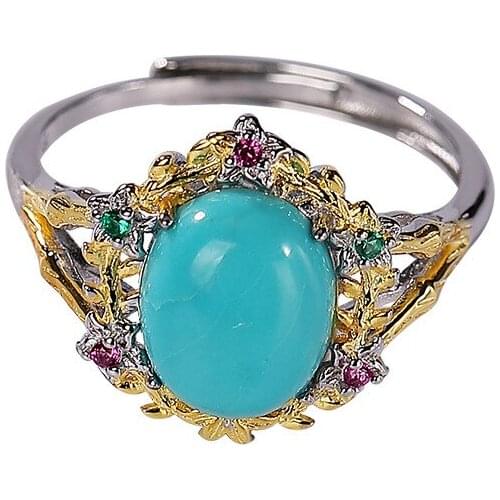 S925 sterling silver gold-plated turquoise ring personality affordable luxury fashion flower Oval Womens Open ring