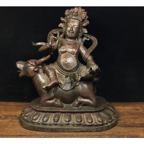 8"Tibet Temple Collection Old Bronze Cinnabar Lacquer Northern Wei Buddha Huang Caishen Bull Riding God of Wealth Enshrine