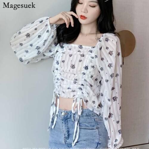 Korean Fashion Vintage Printed Korean Style Drawstring Design Chiffon Blouse 2020 Square Collar Tops Floral Womans Shirts 10586