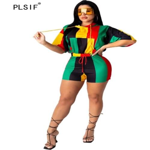 O neck green print short sleeve hooded special design crop top and hot short 2 pieces set high street lady fashion tracksuits