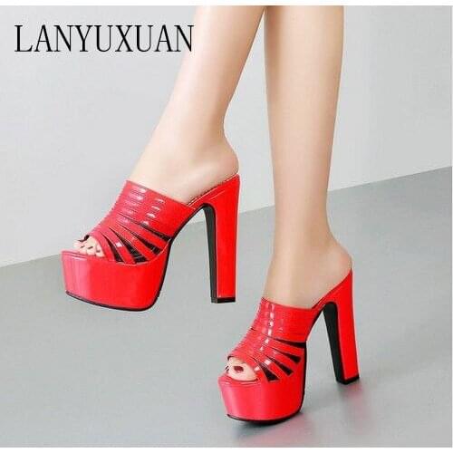 LANYUXUAN Big size 31-48 Summer Style leather Sandals Lady Fashion Sexy Super High Heel(14.5CM) Shoes Women Party Slippers 208