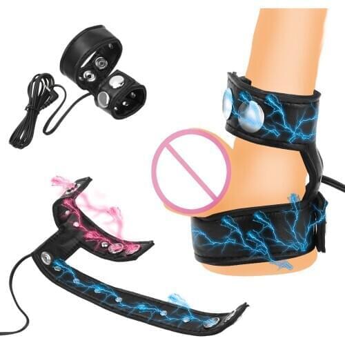 Male Electro Shock Penis Ring,E-stim Leather Adjustable Cock Ring Penis Stimulator Cock Extender,Electro Shock Accessory Sex Toy