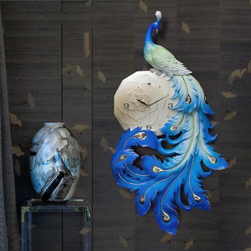 Chinese Resin Peacock Wall Clock Wall Mural Ornaments Livingroom Home Light Luxury Mute Wall Clock Wall Hanging Craft Decoartion