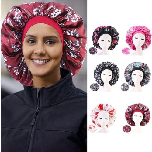 New Large Satin Bonnet Hair Caps Women Print Satin Silk Bonnet Sleep Night Cap Head Cover Bonnet Hat Hair Styling Accessories