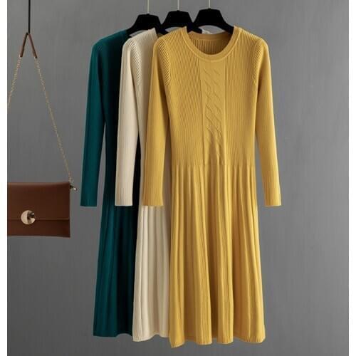 GIGOGOU Autumn Winter Women Sweater Dress Mid-Calf Long Chic Female Dresses A-Line Soft Rib Knitted dresses