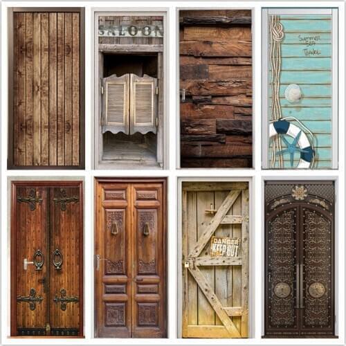 Retro Wooden Door Poster Home Art Decorative Wallpaper For Door Vinyl Waterproof Modern Removable Door Sticker Geometric Murals