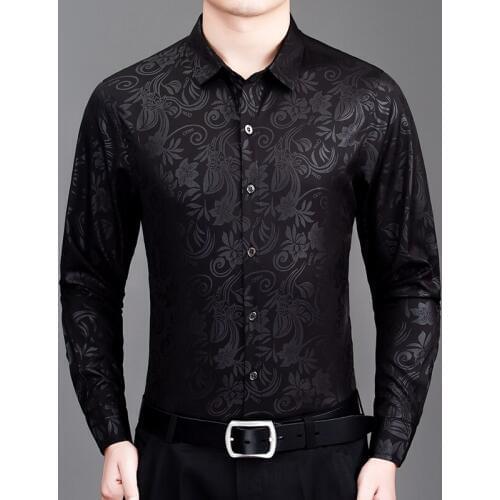 Fathers Day Spring and Autumn Shirt Printed Long Sleeve Shirt Mens burgundy Casual Mens Silk Cotton Floral Shirt Fashion Men