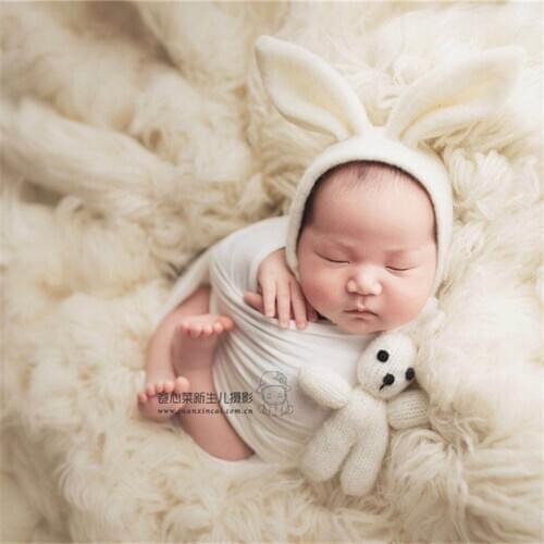 White BUNNY Wool Felted Bonnet Newborn Shower gift Baby Handmade Hat Toy Set Stuffed Rabbit Toy Photo Props
