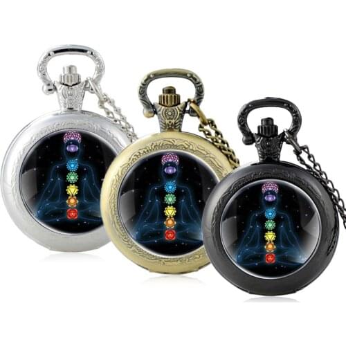 Mysterious Open Chakra Yoga Design Glass Cabochon Quartz Pocket Watch Vintage Men Women Pendant Necklace Chain Clock Gifts