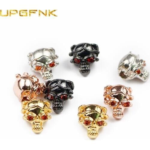 UPGFNK 2pcs Skull Pendants Copper Spacer beads Inlay Red Zircon Loose beads Jewelry making bracelet DIY Accessories wholesale