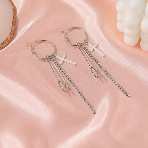 Vintage Cross Earrings Silver Color Hiphop Long Drop Earrings For Women Punk Earing Jewelry Rock Tassel Earings Crystal Earring