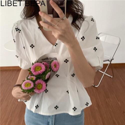 New 2021 Summer Women Blouse Fashionable Shirt V-Neck Sweet Embroidery Floral Elegant Wild Korean Style Lady Vintage Top BL9278