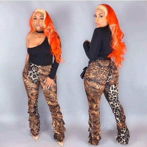 Skinny Women Pants Draped Hem Leopard Print Flare Trousers High Waist Sexy Bodycon Pants Wide Leg Straight Trousers