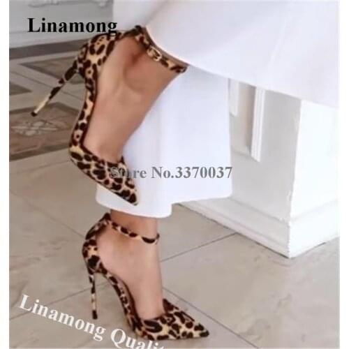 Linamong Elegant Women Pointed Toe Leopard Suede Stiletto Heel Pumps Ankle Strap Buckle Printed Suede High Heels Dress Shoes