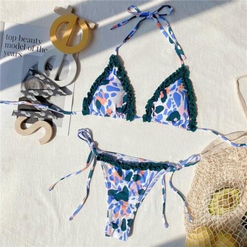 Women Bikini Set Ruffle Split Swimsuit Backless No-Sleeve Deep V-Neck Bra Low Waist Party Summer Tassels Bikini Set