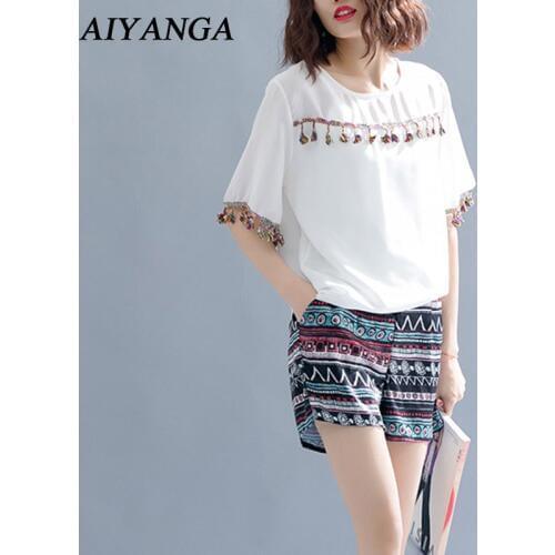 M-XXL Plus Size Female 2 Pieces Summer Women Sets Vintage 2019 Short Sleeve Print Tassel Casual Loose White Top Wide Leg Shorts