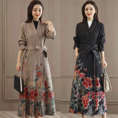 Spring Fall Vintage Womens Sash High Waisted Black Grey Printed Floral Pattern Suede Long Trench Coat , Flower Coats for Women