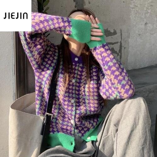 Vintage Purple Houndstooth Cardigan Women 2021 Autumn Winter New Knitted Cardigans Sweater Fashion Autumn Long Sleeve Coat