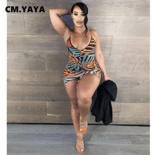 CM.YAYA women dress print spaghetti strap v-neck sheath elastic shirring mini dresses sexy night club party dress summer outfit