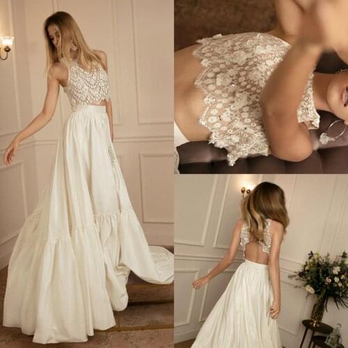 Bohemian 2 Pieces Wedding Dresses Lace Top 2020 Sequined A Line Wedding Gowns Summer Beach Robe De Mariee