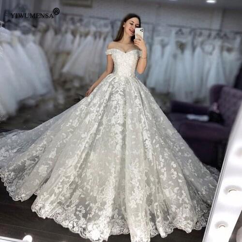 Dubai African Full Appliques Short Sleeves Ball Gown Bridal Wedding Dress For Women Off The Shoulder Lace Up Robe De Marriage