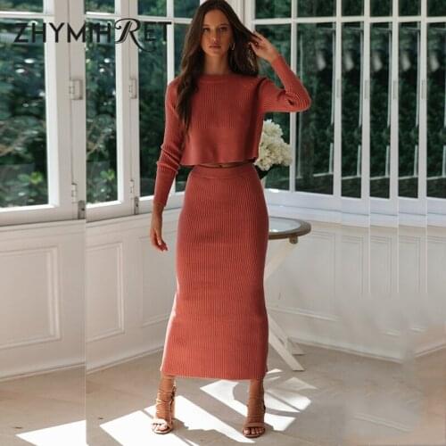 ZHYMIHRET Women Knitted 2 Pieces Set Sweater Dress Pullovers Skirts Set Elegant Office Lady Midi Dress Sets 2020 Autumn Winter