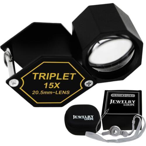 15x Jewelry Loupe Magnifier 20.5mm Triplet Lens Magnification Loupe Black Frame Metal (Aluminum) Body Hexagonal Design