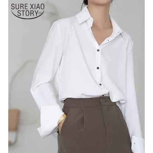 2021 Spring White Tops Turn-down Collar Long Sleeve Office Ladies Shirts Solid Button Up Women Blouse Elegant All-match 12614