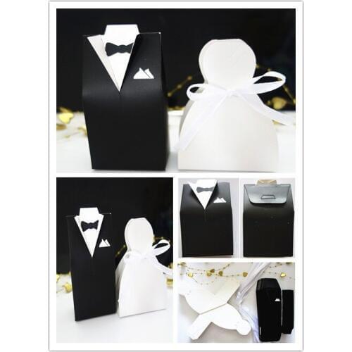 50 Pcs Bridal Groom Tuxedo Dress Gown Ribbon Wedding Decoration Favor Candy Boxes Wedding Party Supplies