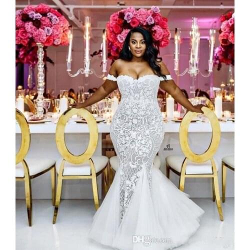 African Black Women Mermaid Wedding Dresses Bridal Gowns Off Shoulder Lace Appliques Slim Beautiful Ladies Vestidos