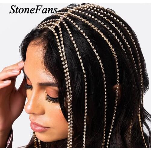 Stonefans Fashion Long Tassel Headband Chain Shiny Rhinestone Head Wear for Women Crystal Hair Chain Wedding Hair Accessories