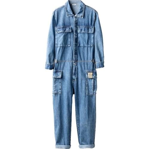 Spring Jeans Overalls Men Denim Jumpsuits Long Sleeve Lapel Multi Pocket Retro Loose Street Hip Hop Workwear Pants Blue Trousers