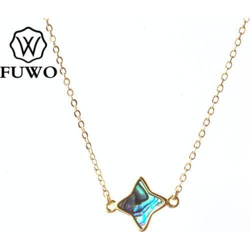 FUWO Natural Abalone Shell Four-pointed Star Necklace With Gold Trimmed High Quality Brass Chain Seashell Jewelry Gift NC518