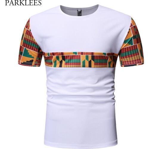 Geometric Patchwork White Dashiki T-shirt Men Short Sleeve Slim Fit Mens African Clothes Hip Hop Hipster Africaine Tshirt Homme