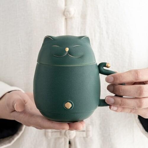 LUWU Lucky Cat Ceramic Tea Cup with Infuser Cute Cat Tea Mug with Lid 300ml