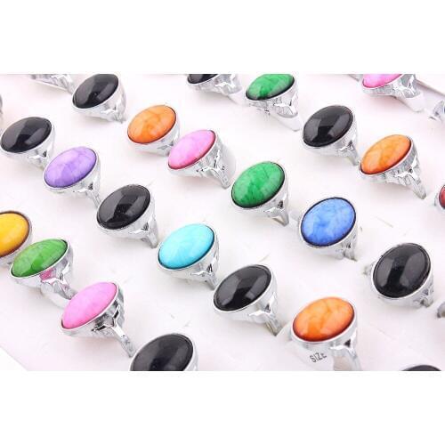 Wholesale Bulk 12Pcs Colorful Round Gem stone Silver Plated Ring Band Women Men Wedding Engagement Gift Fashion Jewelry 17-20MM