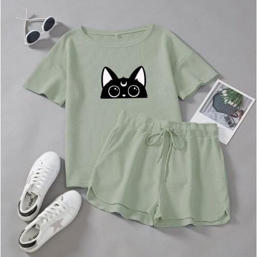 Summer Women Comfortable Cute Pajama Girl Print Pyjama Set Moon and Cat Print Short Sleeve Sleepwear Suit Home Clothes for Girl